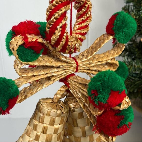 Vintage Straw Rattan Wicker Woven Hanging Basket Bells Christmas Decor Boho MCM - Picture 8 of 12